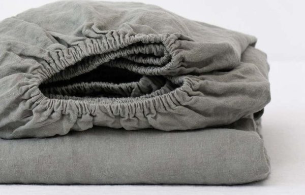 Khaki napínací lněné prostěradlo 140x200 cm – Linen Tales