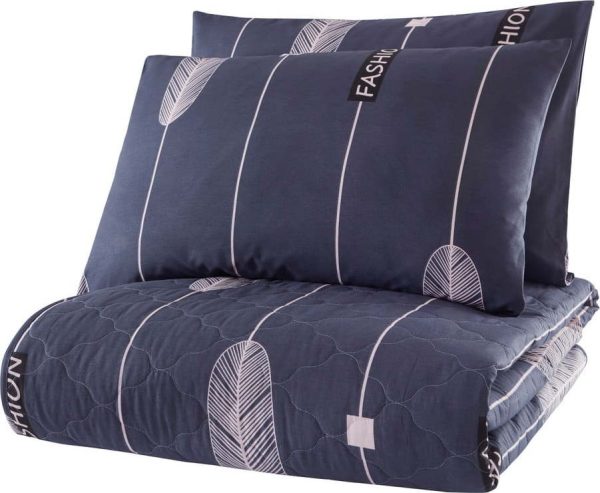 Modrý přehoz přes postel se 2 povlaky na polštář z ranforce bavlny Mijolnir Modena