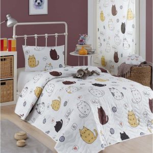 Set přehozu přes postel a povlaku na polštář s příměsí bavlny Eponj Home Hello Cats White