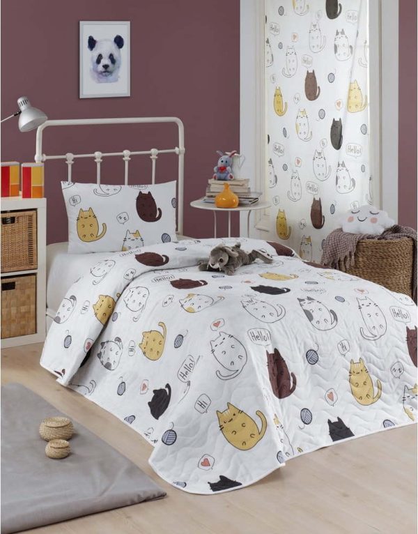 Set přehozu přes postel a povlaku na polštář s příměsí bavlny Eponj Home Hello Cats White