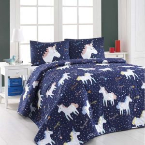 Set prošívaného přehozu a 2 povlaků na polštáře Eponj Home Magic Unicorn Dark Blue