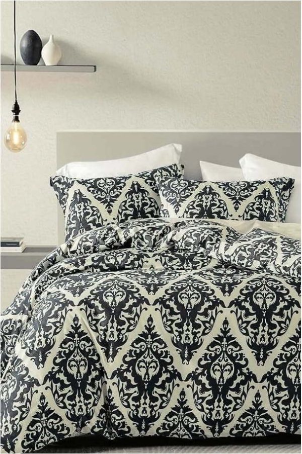 Černo-béžové 4dílné prodloužené povlečení na dvoulůžko s prostěradlem z bavlny Renforcé 200x220 cm Damask – Mila Home