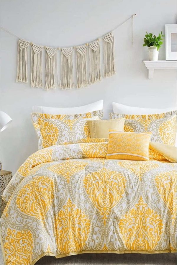 Žluto-šedé 4dílné prodloužené povlečení na dvoulůžko s prostěradlem z bavlny Renforcé 200x220 cm Ethnic – Mila Home