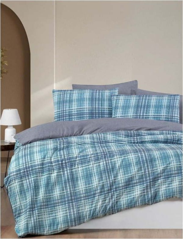 Modré 4dílné prodloužené povlečení na dvoulůžko s prostěradlem 200x220 cm Ekose – Mila Home