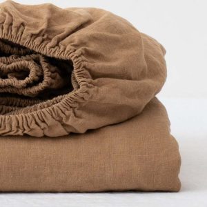 Hnědé napínací lněné prostěradlo 90x200 cm – Linen Tales