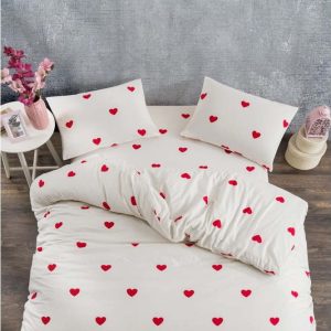 Krémové 4dílné prodloužené povlečení na dvoulůžko z bavlny Renforcé s prostěradlem 200x220 cm Mini Hearts – Mila Home