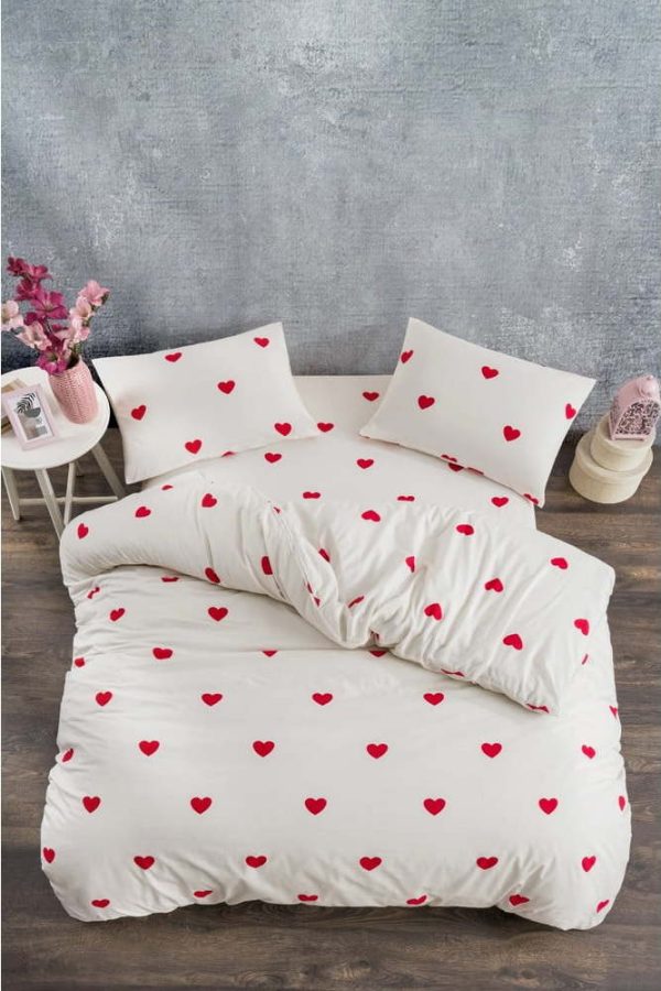 Krémové 4dílné prodloužené povlečení na dvoulůžko z bavlny Renforcé s prostěradlem 200x220 cm Mini Hearts – Mila Home