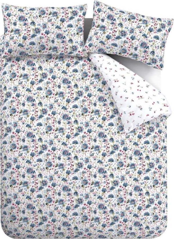 Bílo-modré flanelové prodloužené povlečení na dvoulůžko 230x220 cm Ophelia Floral – Bianca