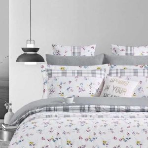 Bílo-šedé prodloužené povlečení na dvoulůžko z bavlny Renforcé s prostěradlem/4dílné 200x220 cm – Mila Home
