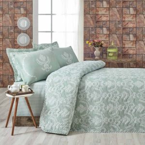 Set prošívaného přehozu a 2 povlaků na polštáře Mijolnir Pure Water Green