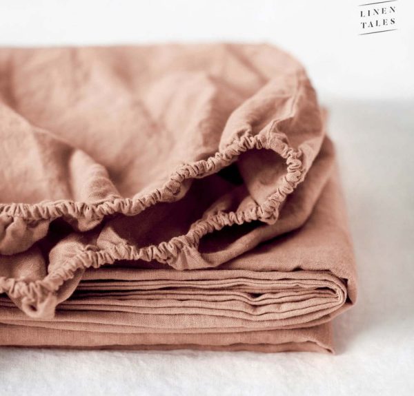 Terakotově hnědé lněné elastické prostěradlo Linen Tales
