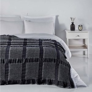 Černý bavlněný přehoz na dvoulůžko 230x250 cm Waffle – Mijolnir