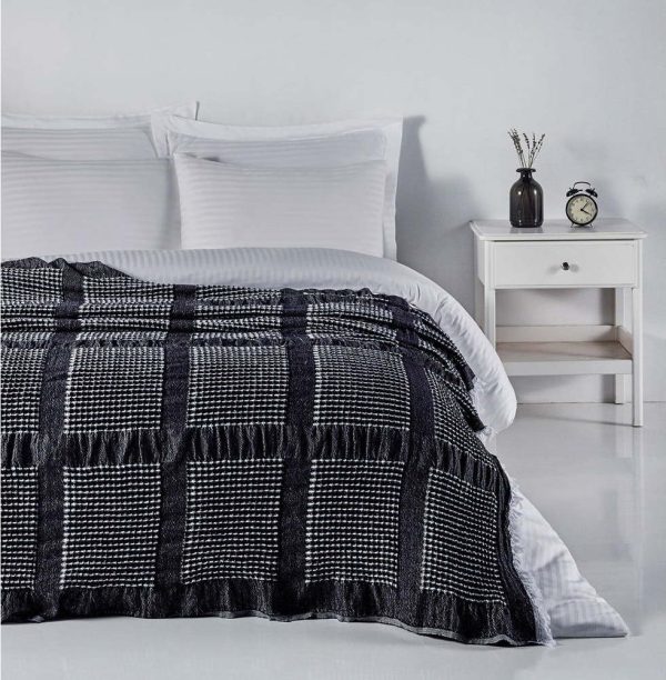 Černý bavlněný přehoz na dvoulůžko 230x250 cm Waffle – Mijolnir