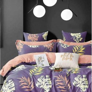 Fialové prodloužené čtyřdílné bavlněné povlečení na dvoulůžko s prostěradlem 200x220 cm Leaves – Mila Home