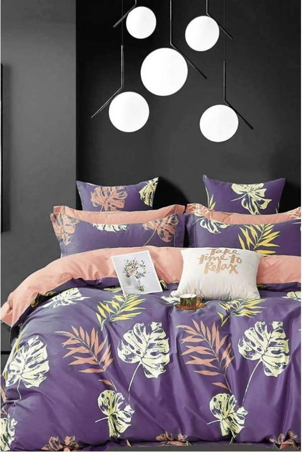Fialové prodloužené čtyřdílné bavlněné povlečení na dvoulůžko s prostěradlem 200x220 cm Leaves – Mila Home