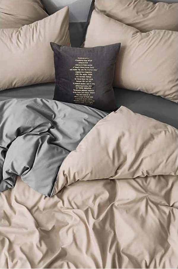 Šedo-béžové 4dílné prodloužené povlečení na dvoulůžko z bavlny Renforcé s prostěradlem 200x220 cm – Mila Home