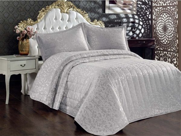 Šedý bavlněný prošívaný set přehozu a povlaků na polštář na dvoulůžko 260x240 cm Bulut – Mijolnir