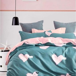 Zeleno-růžové prodloužené povlečení na dvoulůžko z bavlny Renforcé s prostěradlem/4dílné 200x220 cm Beloved – Mila Home