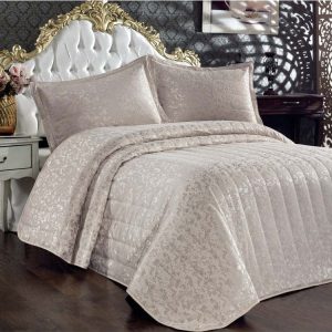 Béžový bavlněný prošívaný set přehozu a povlaků na polštář na dvoulůžko 240x260 cm Bulut – Mijolnir