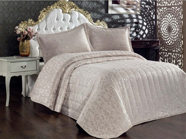 Béžový bavlněný prošívaný set přehozu a povlaků na polštář na dvoulůžko 240x260 cm Bulut – Mijolnir
