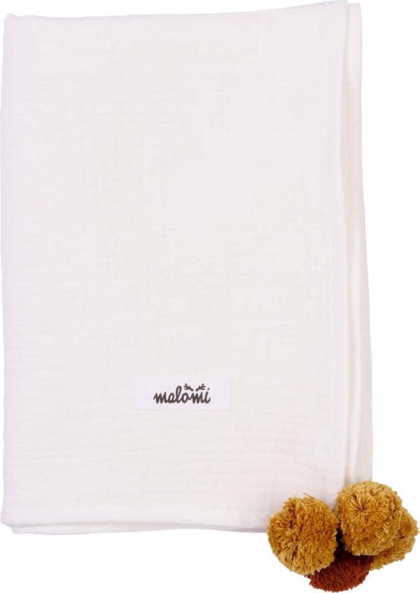 Bílá mušelínová dětská deka 100x140 cm Pompon – Malomi Kids