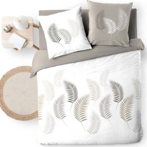 Bílé/taupe bavlněné povlečení na dvoulůžko/prodloužené 240x220 cm Goyave – douceur d'intérieur