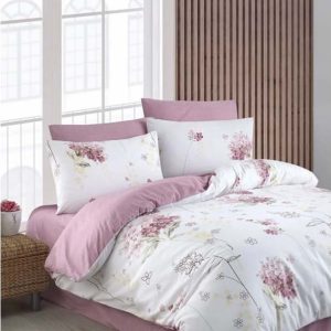 Bílo-růžové 4dílné prodloužené povlečení na dvoulůžko s prostěradlem 200x220 cm Floral – Mila Home
