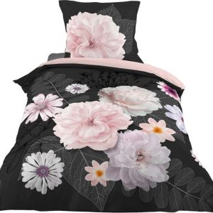 Černo-růžové bavlněné povlečení na jednolůžko 140x200 cm Floral – douceur d'intérieur