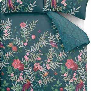 Tmavě zelené prodloužené povlečení na dvoulůžko 230x220 cm Tropical Floral Birds – Catherine Lansfield