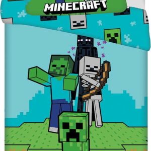 Zeleno-modré bavlněné dětské povlečení na jednolůžko 140x200 cm Minecraft "Mobs Here" – Jerry Fabrics