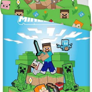 Zeleno-modré bavlněné dětské povlečení na jednolůžko 140x200 cm Minecraft "Outdoor Mobs" – Jerry Fabrics