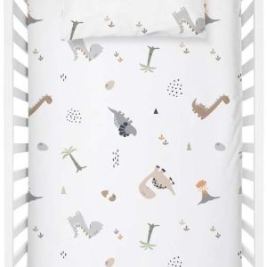 Bílé dětské prostěradlo do postýlky z bavlny Renforcé 100x150 cm Dinozor – Mijolnir