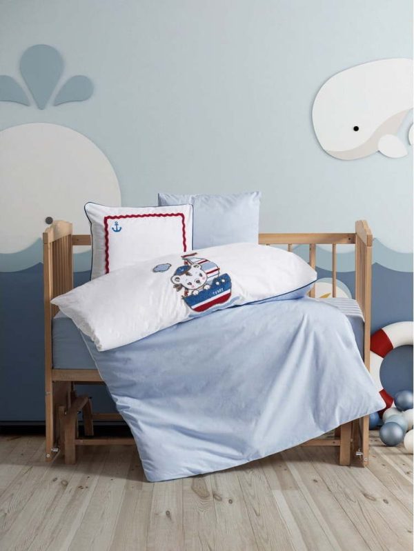 Bílé/modré bavlněné dětské povlečení do postýlky s prostěradlem/4dílné 100x150 cm Miniyo – Mijolnir