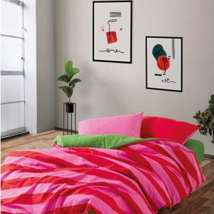 Zelené/růžové povlečení na dvoulůžko/prodloužené z bavlny Renforcé s prostěradlem/4dílné 200x220 cm Cherie – Mijolnir