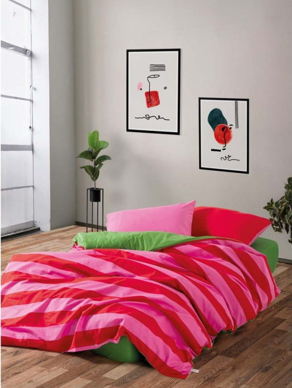 Zelené/růžové povlečení na dvoulůžko/prodloužené z bavlny Renforcé s prostěradlem/4dílné 200x220 cm Cherie – Mijolnir
