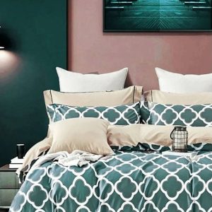 Zeleno-béžové prodloužené čtyřdílné bavlněné povlečení na dvoulůžko s prostěradlem 200x220 cm Geometric – Mila Home