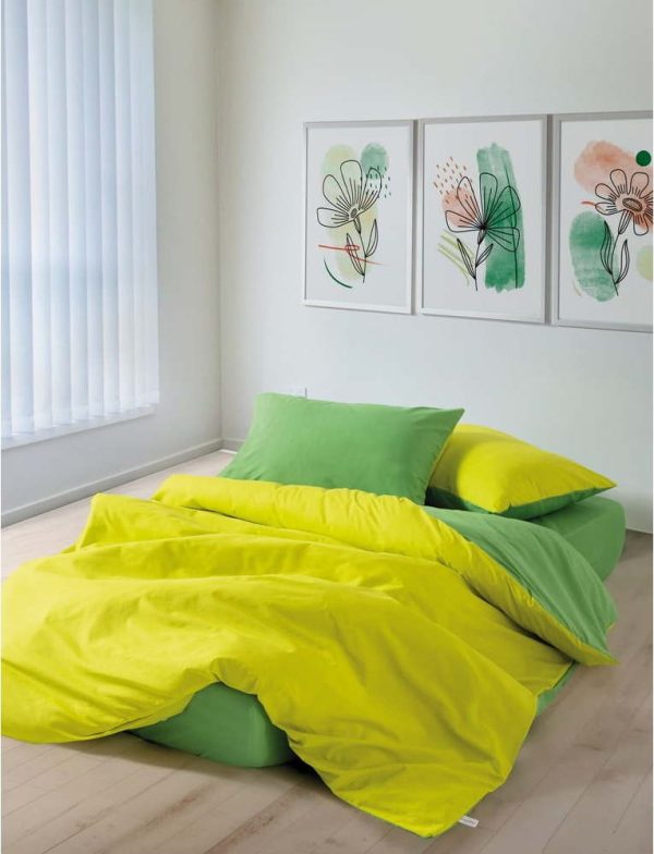 Žluté/zelené povlečení na dvoulůžko/prodloužené z bavlny Renforcé s prostěradlem/4dílné 200x220 cm Sage – Mijolnir