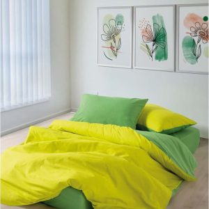 Žluté/zelené povlečení na dvoulůžko/prodloužené z bavlny Renforcé s prostěradlem/4dílné 200x220 cm Sage – Mijolnir