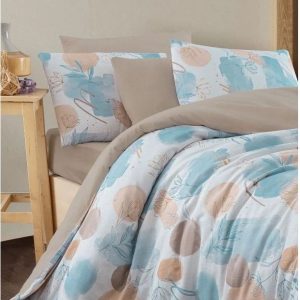 Modro-hnědé 4dílné prodloužené povlečení na dvoulůžko s prostěradlem 200x220 cm Magnolia – Mila Home