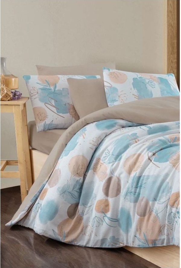 Modro-hnědé 4dílné prodloužené povlečení na dvoulůžko s prostěradlem 200x220 cm Magnolia – Mila Home