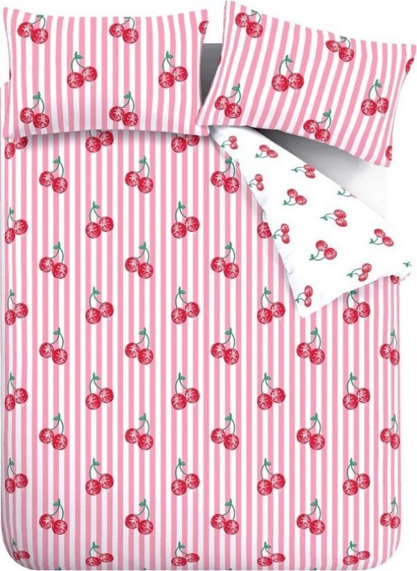 Bílé/růžové povlečení na dvoulůžko 200x200 cm Disco Cherries Stripes – Catherine Lansfield