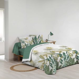Bílé/zelené bavlněné povlečení na dvoulůžko/prodloužené s prostěradlem/6dílné 240x220 cm Otika – douceur d'intérieur