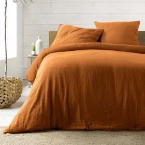 Oranžové/hnědé mušelínové povlečení na dvoulůžko/prodloužené 240x220 cm Angelia – douceur d'intérieur