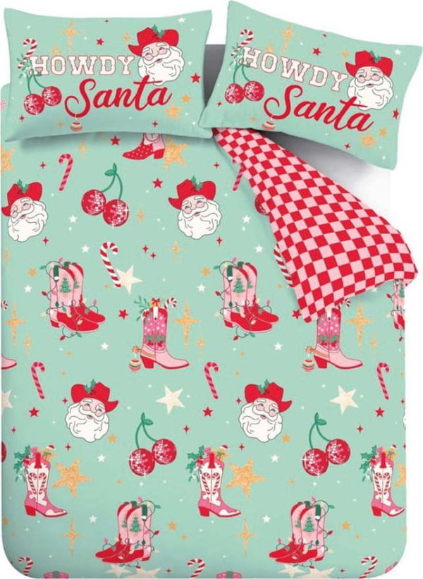 Zelené/růžové povlečení na jednolůžko 135x200 cm Santa's Howdy Christmas – Catherine Lansfield