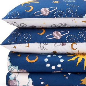 Bílé/modré bavlněné povlečení na dvoulůžko 200x200 cm Disco Space – Their Nibs