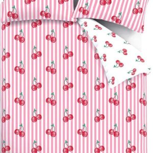 Bílé/růžové povlečení na dvoulůžko 200x200 cm Disco Cherries Stripes – Catherine Lansfield