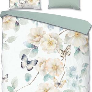 Bílé/zelené povlečení na dvoulůžko/prodloužené z bavlněného saténu 200x220 cm Adiwanya – Descanso