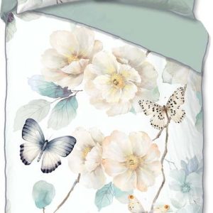 Bílé/zelené povlečení na jednolůžko/prodloužené z bavlněného saténu 140x220 cm Adiwanya – Descanso