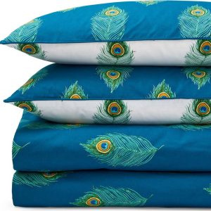 Bílé/zelenomodré bavlněné povlečení na dvoulůžko 200x200 cm Peacock Feather – Their Nibs