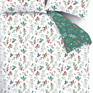 Bílé/zelené flanelové povlečení na dvoulůžko/prodloužené 230x220 cm Holly and Mistletoe – Catherine Lansfield